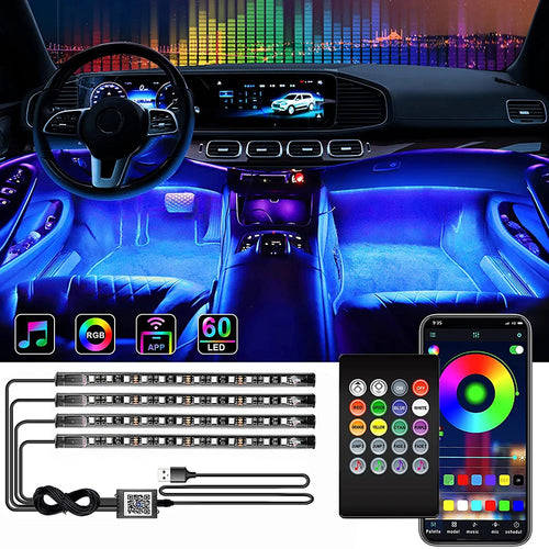 NIGHTSHIFT car interior ambient RGB LED lighting kit glowing in footwell at night