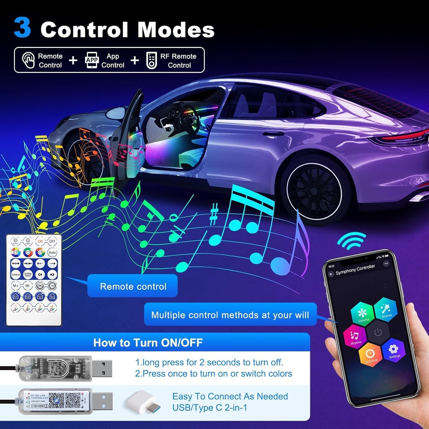 App and music sync car ambient lighting